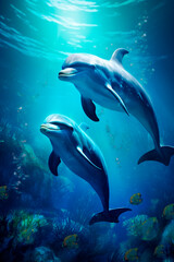 Obraz na płótnie Canvas Dolphin in the sea underwater world. Generative AI,