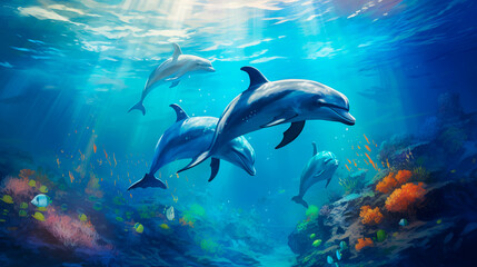 Dolphin in the sea underwater world. Generative AI,