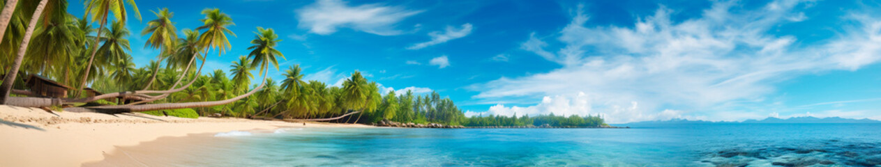 Obraz premium Exotic beach with palm trees and sea banner. Generative AI,