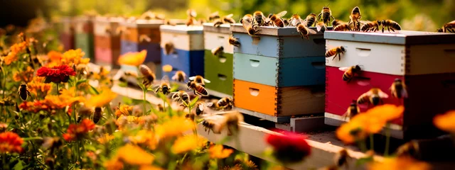 Fotobehang Beehive apiary bees and flowers in the meadow. Generative AI, © Erik