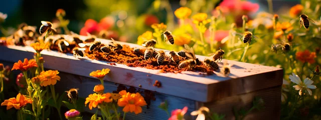 Fotobehang Beehive apiary bees and flowers in the meadow. Generative AI, © Erik