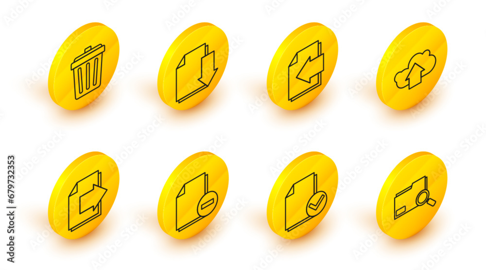 Poster set line search concept with folder, document and check mark, minus, next page arrow, cloud upload, 