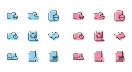Set line Cloud storage text document folder, Document with star, Delete, PDF file, search, download, clock and minus icon. Vector
