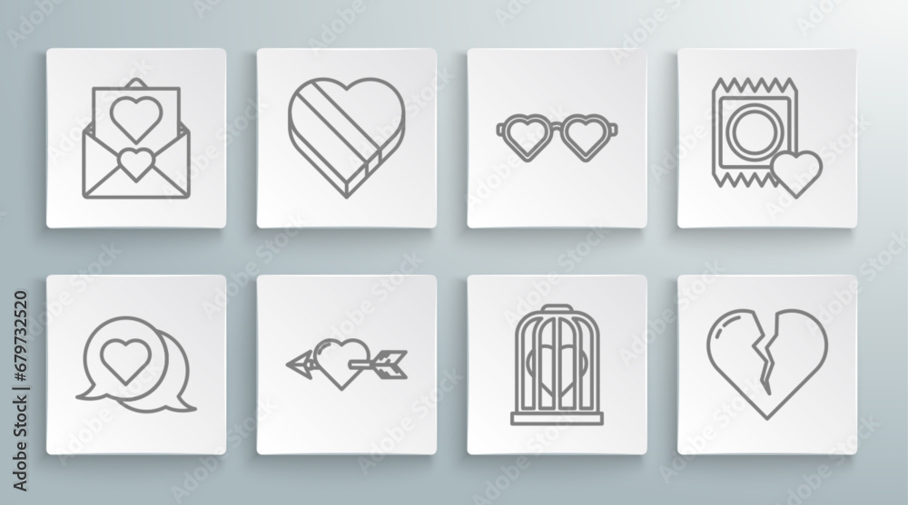 Sticker set line heart in speech bubble, candy heart shaped box, amour with arrow, the bird cage, broken or 