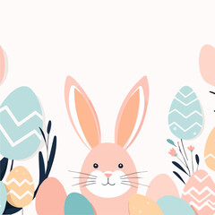 Easter bunny with colored eggs and flower on background, vector illustration
