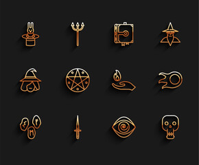 Set line Magic runes, Dagger, Magician hat and rabbit, Hypnosis, Skull, Pentagram in circle, Fireball and Hand holding fire icon. Vector