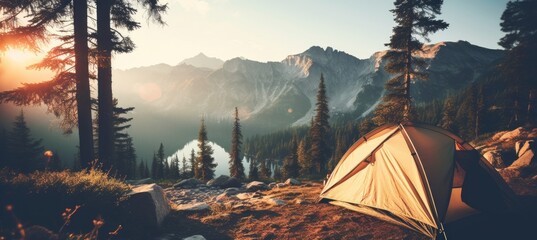 Stunning mountain campsite with vibrant tent, a perfect summer getaway for adventurous tourists