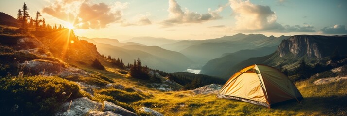Bright sun illuminates cozy tent in mountain scene, adding adventure to serene summer day - obrazy, fototapety, plakaty