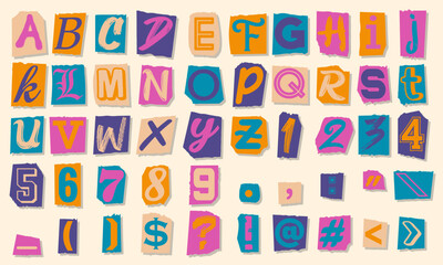 Collection of colorful paper cut alphabet letters. Collage of abc alphabet, numbers and punctuation marks. Vector illustration