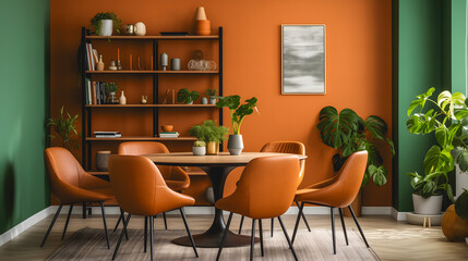Une salle à manger contemporaine avec des chaises en cuir orange, une table à manger en bois et des plantes d'intérieur. - obrazy, fototapety, plakaty