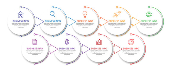 Simple infographic vector design with 9 options or sections, line design with colors combined with circle shapes. used for workflow, presentation, and business