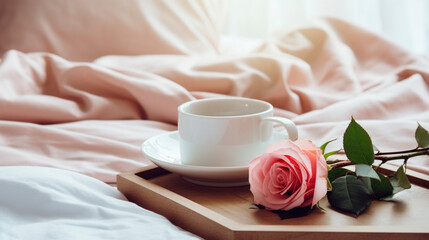 Cup of coffee and roses in bed. Generative AI,