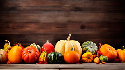 Various pumpkins on a wooden background. Generative AI,