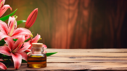 Fototapeta premium Cosmetic lily oil on a wooden background. Generative AI,