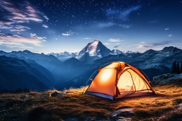 Moonlit mountains and serene tourist camp with cozy tent under mesmerizing starry sky