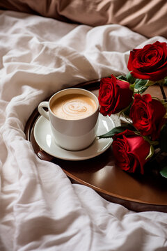 Cup of coffee and roses in bed. Generative AI,