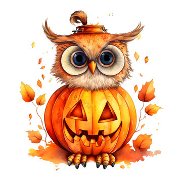 Watercolor cute clipart halloween owl with pumpkin on transparent background. sublimation, tshirt, mug, pillow, tumbler, print