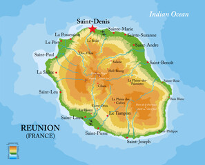 Reunion island highly detailed physical map - 679733900