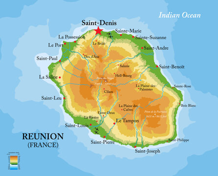 Reunion island highly detailed physical map