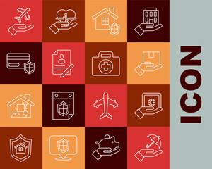 Set line Umbrella in hand, Safe, Delivery insurance, House with shield, Document, Credit card, Plane and First aid kit icon. Vector
