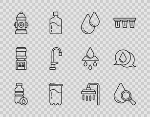 Set line Bottle of water, Drop and magnifying glass, Water drop, filter cartridge, Fire hydrant, tap, Shower and icon. Vector