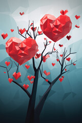 Valentine's Day Celebration: Tree Adorned with Red Heart-Shaped Ornaments in Polygonal Style, Capturing Love and Festivity in a Unique and Artistic Presentation