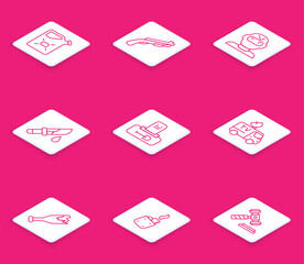 Set line Canister fuel, Police shotgun, Thief mask, Bloody knife, Grave with tombstone, TV News car, Broken bottle weapon and Lighter icon. Vector