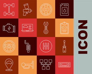 Set line Car Audio, Screwdriver, inspection, Alloy wheel, Diagnostics condition of car, Check engine, Chassis and Wrench spanner icon. Vector