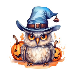 Watercolor cute clipart halloween owl with pumpkin on transparent background. sublimation, tshirt, mug, pillow, tumbler, print
