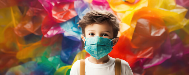 Child wearing surgical disposable and fabric breathing mask over bright colorful background - obrazy, fototapety, plakaty