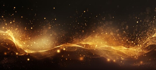 Luxury gold swirl background with particles, christmas bokeh, and realistic gold foil texture.