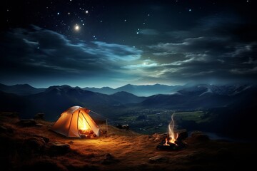 Enchanting moonlit mountains cozy tent in serene tourist camp under captivating starry sky