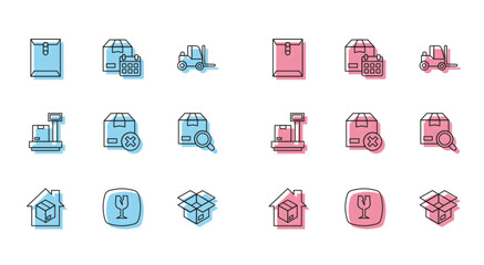 Set line Home delivery services, Fragile broken glass, Envelope, Unboxing, Carton cardboard, Search package, Scale with and Cardboard calendar icon. Vector