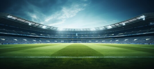 Vibrant and visually striking generative photo featuring the lush green lawn of a soccer stadium - obrazy, fototapety, plakaty