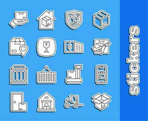 Set line Unboxing, Mobile app delivery tracking, Plane and cardboard, Delivery security with shield, Fragile broken glass, Location, hand and Container icon. Vector
