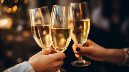 People clinking glasses with champagne at home, closeup - obrazy, fototapety, plakaty