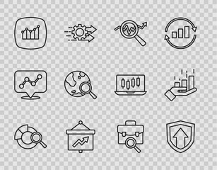Set line Search data analysis, Financial growth, Board with graph, globe, Work search and icon. Vector