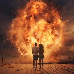 Fototapeta premium In the midst of a couple's meeting, an explosion abruptly took place.