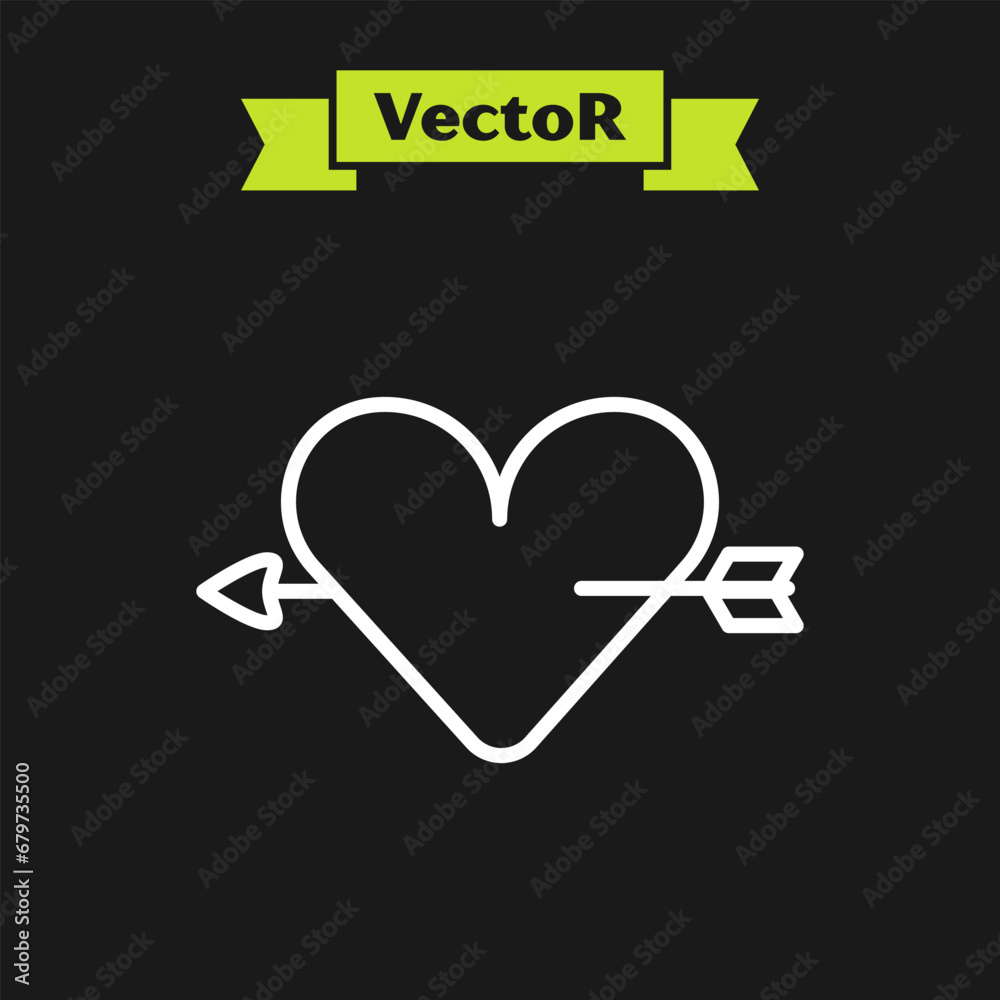 Sticker White line Amour symbol with heart and arrow icon isolated on black background. Love sign. Valentines symbol. Vector