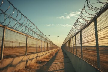 Prison perimeter fence. Background with selective focus and copy space
