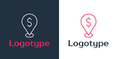 Logotype line Cash location pin icon isolated on white background. Pointer and dollar symbol. Money location. Business and investment concept. Logo design template element. Vector