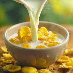 Jar of fresh milk pouring into bowl of crunchy cereal corn flakes