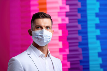 Man wearing surgical disposable and fabric breathing mask over bright color background