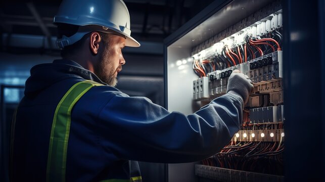 Engineer man Checking the operating voltage levels of the solar panel switchgear compartment. Testing medium voltage switchgear and control compartment.