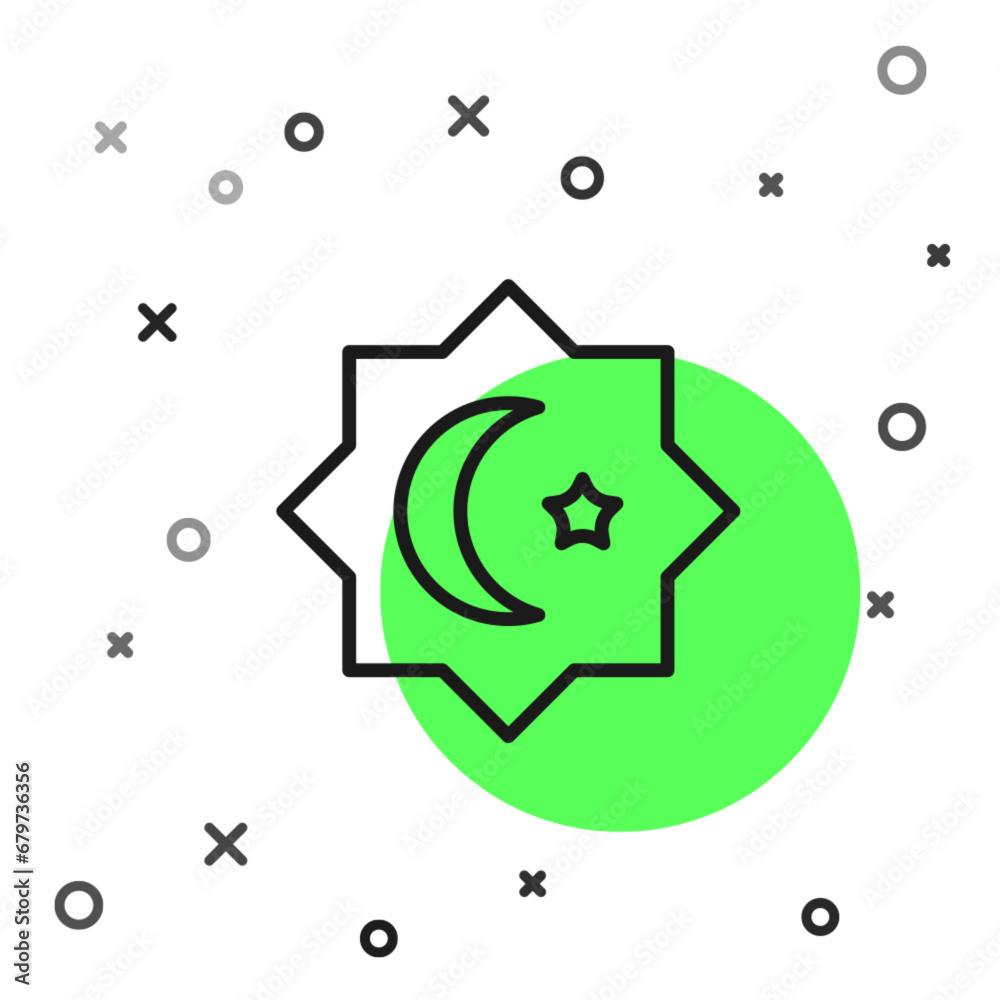 Sticker black line islamic octagonal star ornament icon isolated on white background. vector