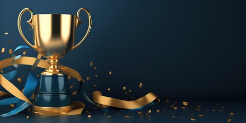 Golden trophy and streamers, business and competition concept, blue background. 