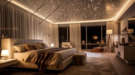 Modern luxury beautiful interior with panoramic windows. Design bedroom with bright night lighting and sunset