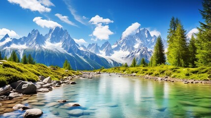 Summer view of Lac Blanc with Mont Blanc (Monte Bianco) in the backdrop, Chamonix location Beautiful scenery in the Vallon de Berard Nature Preserve, Graian Alps. - obrazy, fototapety, plakaty