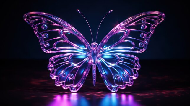 Abstract neon butterfly on a dark wall. 3D illustration.