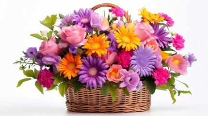 Isolated on white background, a bright flower bouquet in a basket.